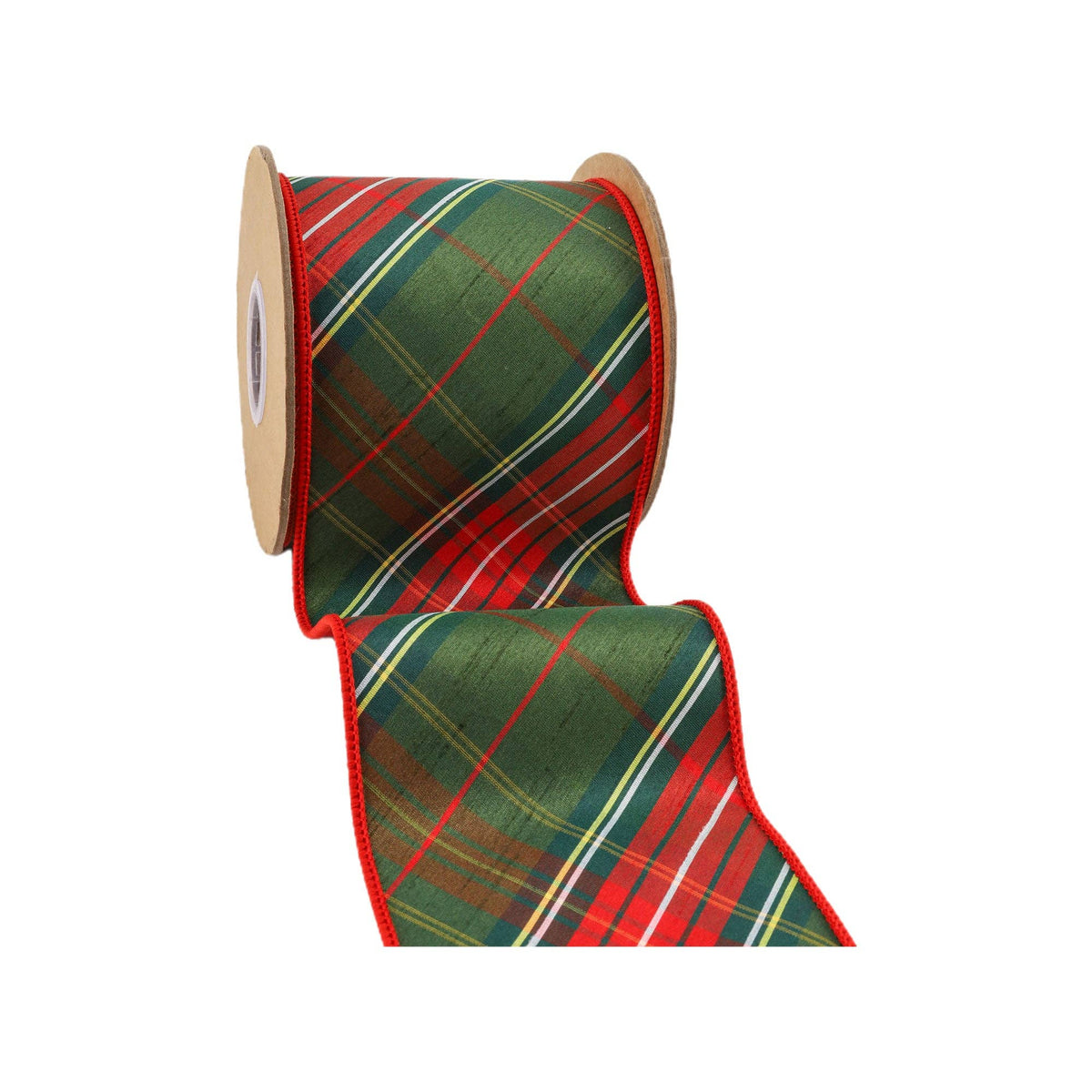4" Wired Dupioni Ribbon | Red/Dark Green Plaid Bias Cut Double-Fused Red Backing | 5 Yds