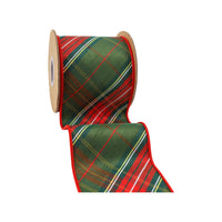 4" Wired Dupioni Ribbon | Red/Dark Green Plaid Bias Cut Double-Fused Red Backing | 5 Yds