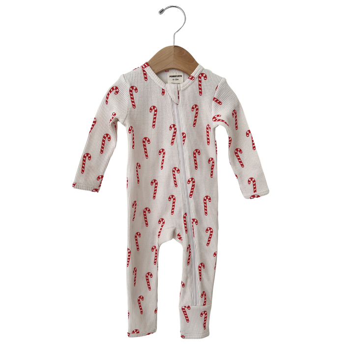 Organic Waffle Basic Zip Romper, Candy Cane