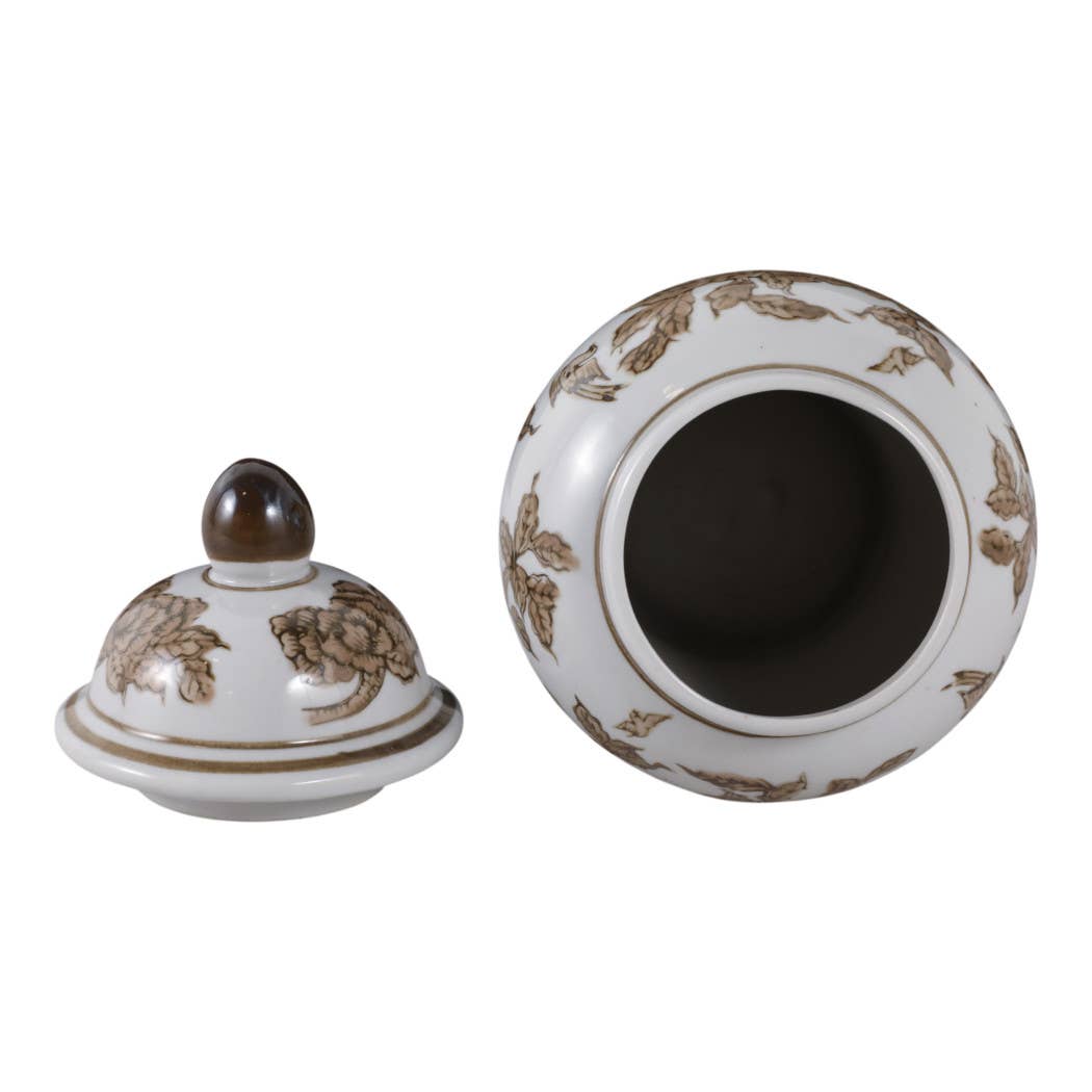 Brown & White Ceramic Tall Vessel with Lid, 8 in.