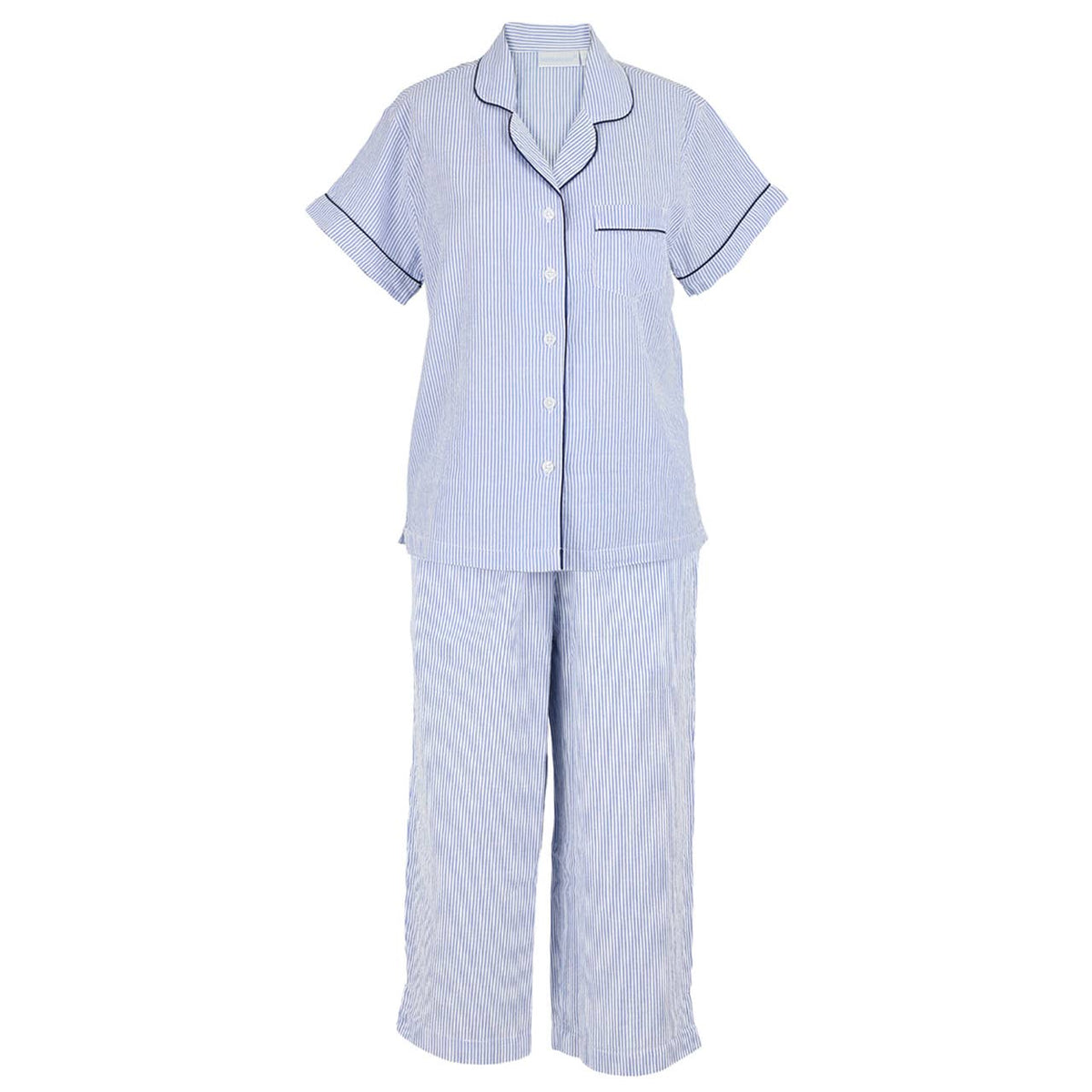 Blue Seersucker-Navy Short Sleeve Capri Pajamas