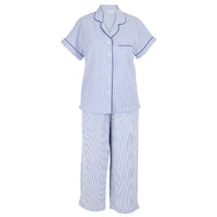 Blue Seersucker-Navy Short Sleeve Capri Pajamas
