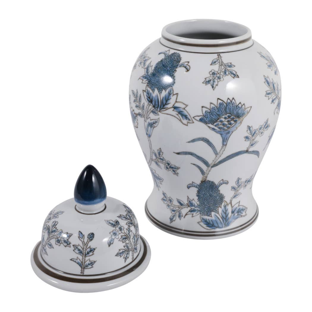 Decorative Jar - Blue/Brown Ceramic Floral Chinoiserie, 15in
