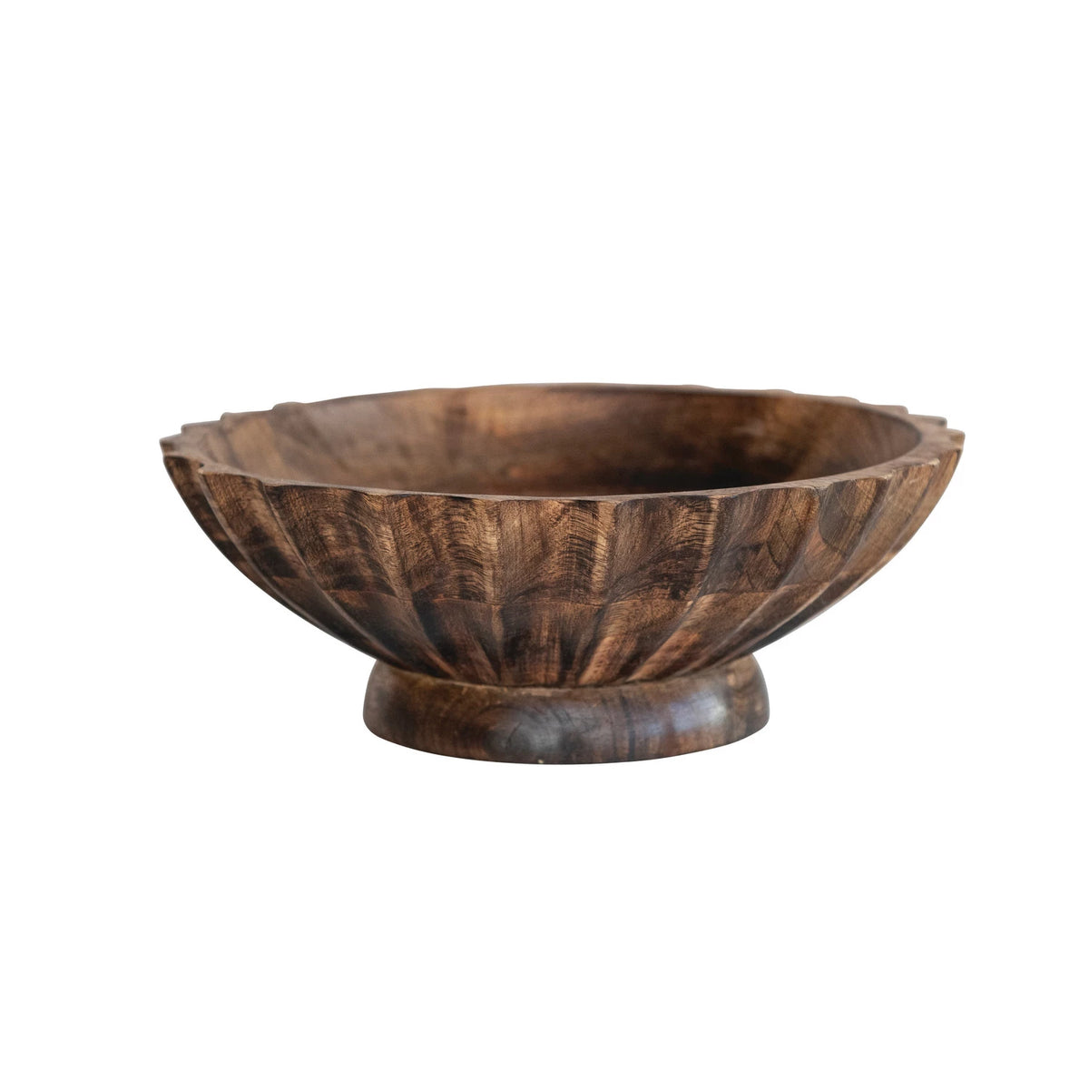 Hand-Carved Mango Wood Footed Bowl w/ Scalloped Edge, Burnt Finish