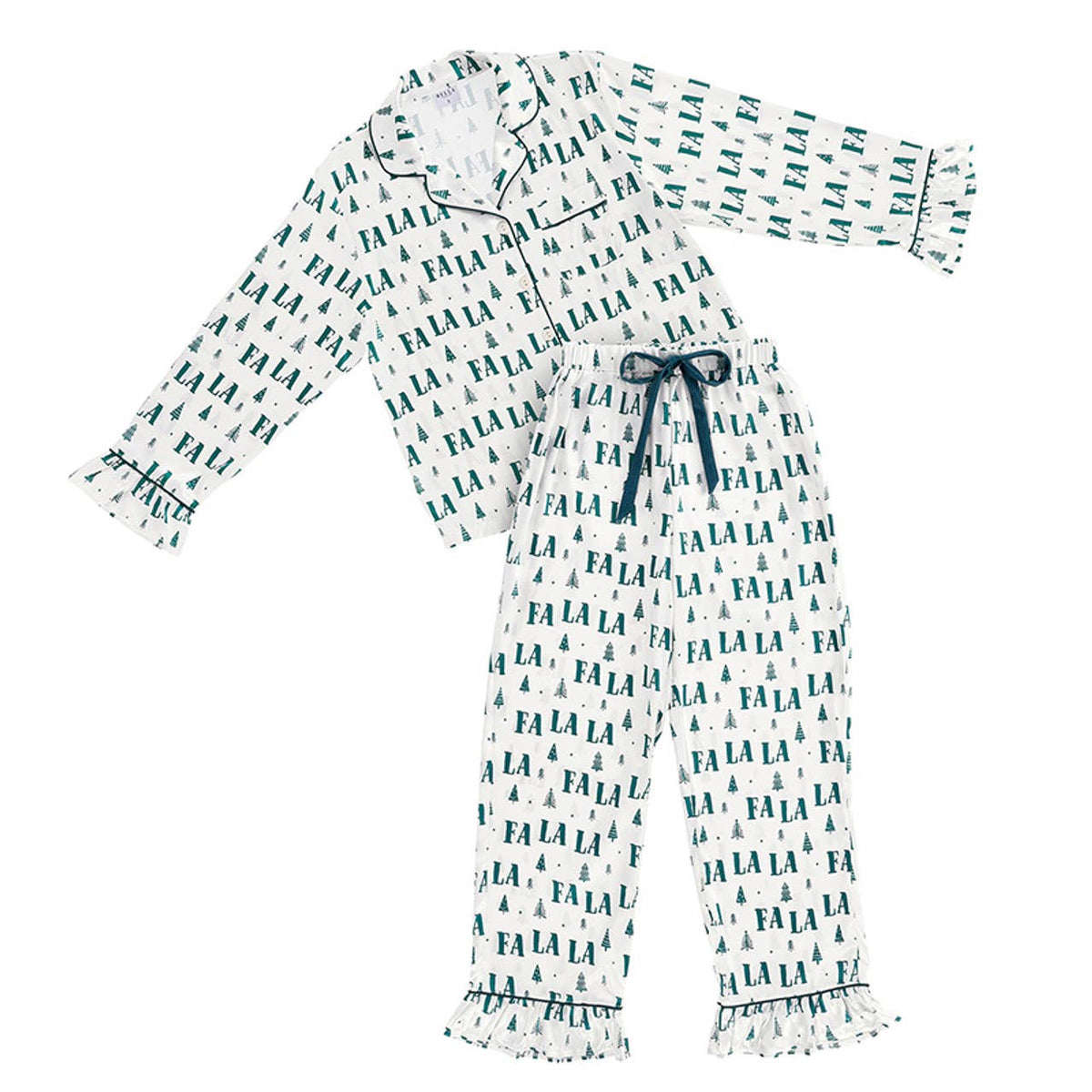 Pajama Set - Green FaLaLa - Ruffle Trim With Velvet Tie