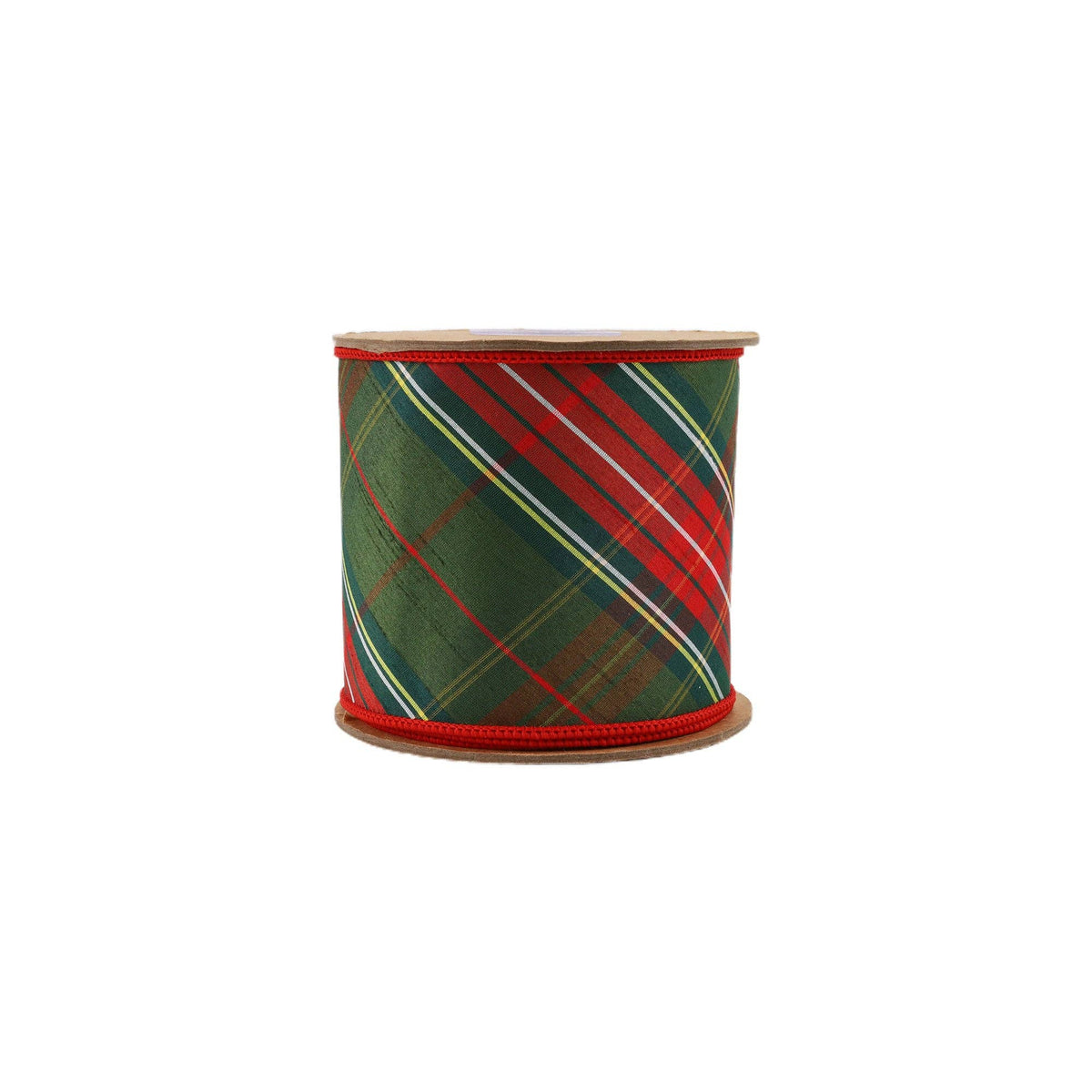 4" Wired Dupioni Ribbon | Red/Dark Green Plaid Bias Cut Double-Fused Red Backing | 5 Yds