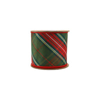 4" Wired Dupioni Ribbon | Red/Dark Green Plaid Bias Cut Double-Fused Red Backing | 5 Yds