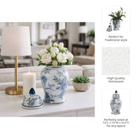 Decorative Jar - Blue/Brown Ceramic Floral Chinoiserie, 15in