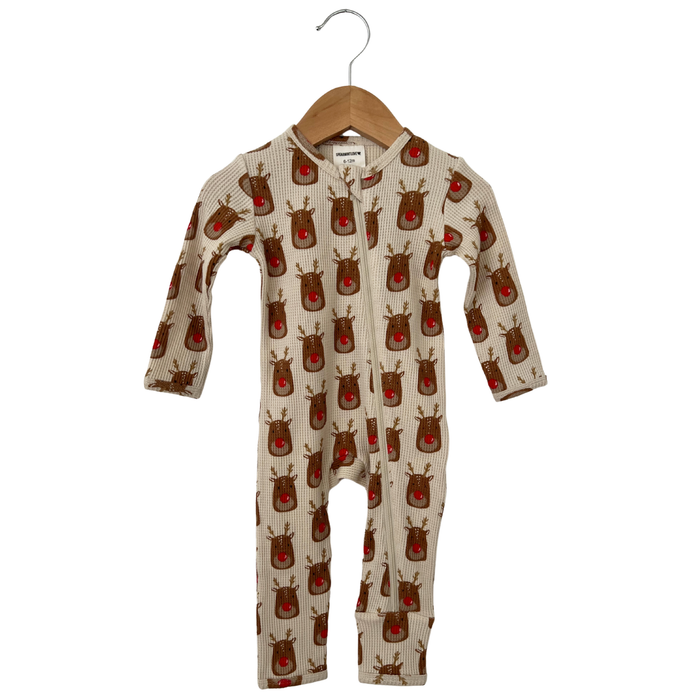 Organic Waffle Basic Zip Romper, Reindeer