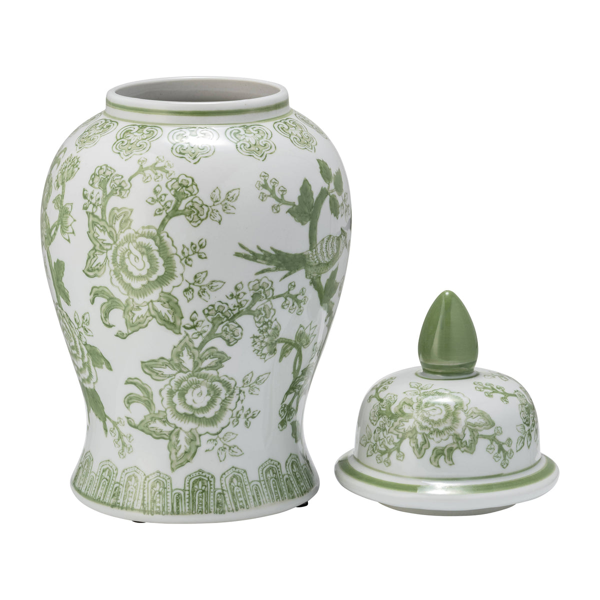 Green/White Floral Round Chinoiserie Vase, 14 in