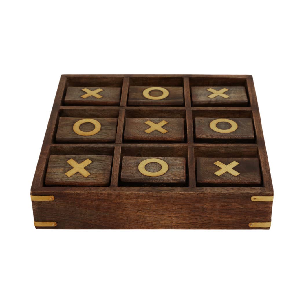 Board Game - Brown Wood/Metal Revolving Tic Tac Toe, 10 in.