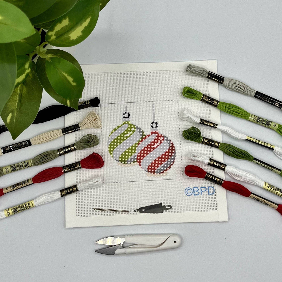 Needlepoint Kit - Red and Green Striped Ornaments Design