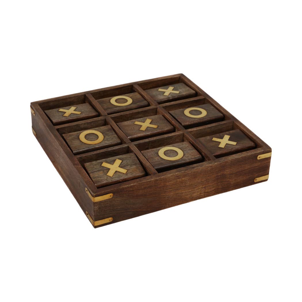 Board Game - Brown Wood/Metal Revolving Tic Tac Toe, 10 in.