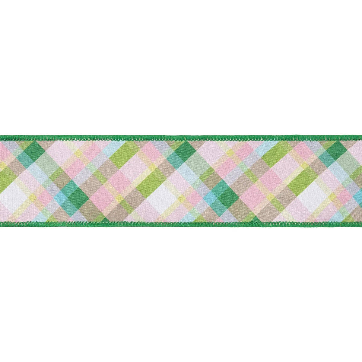 2 1/2" Wired Dupioni Ribbon | Pink And Green Bias Plaid W/ | Green Backing | 10 Yard Roll