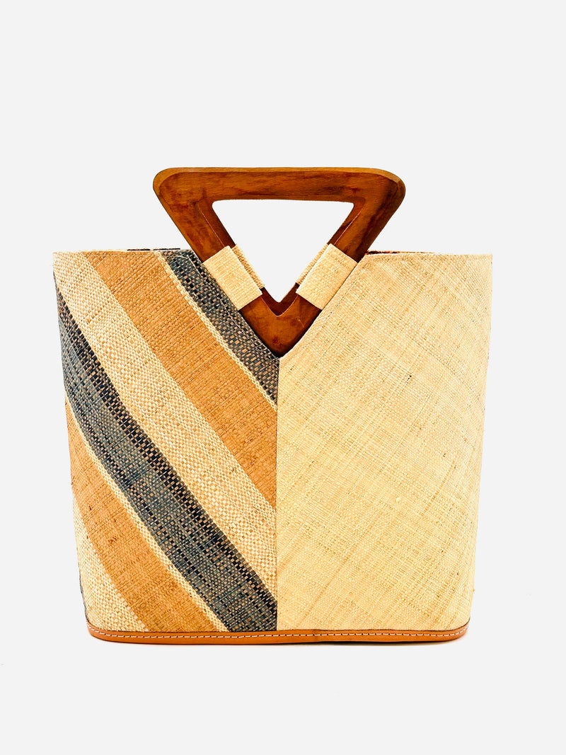 Zuki Two Tone Straw Handbag With Wood Triangle Handle