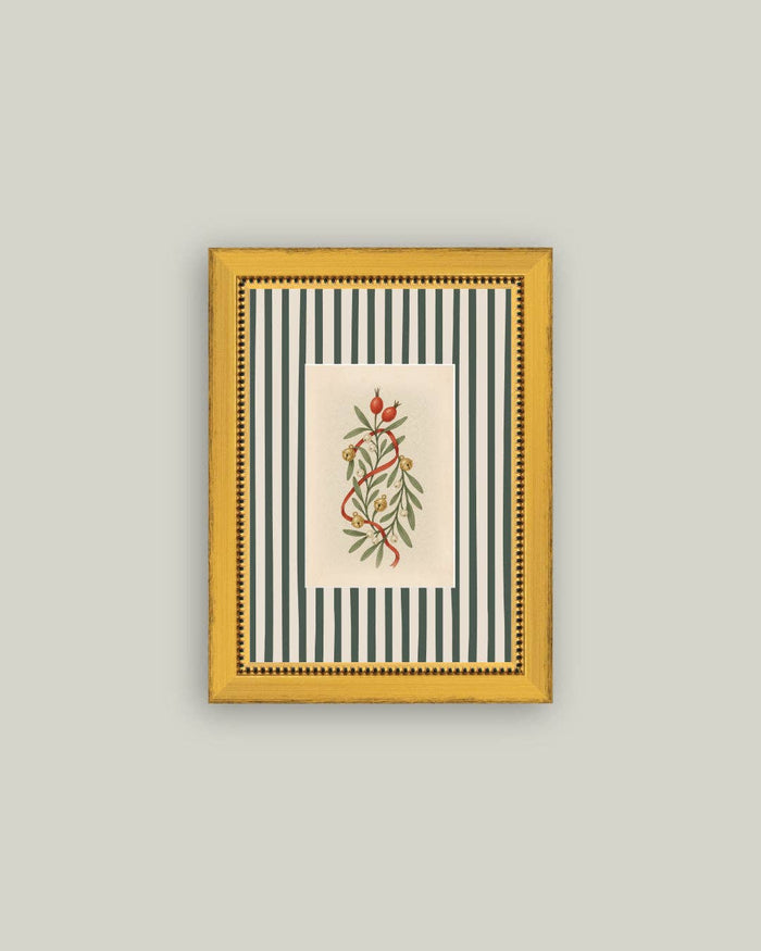 Holly Bells on Stripes Framed Antique Art 5x7