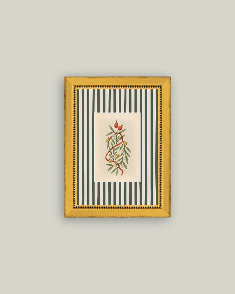 Holly Bells on Stripes Framed Antique Art 5x7