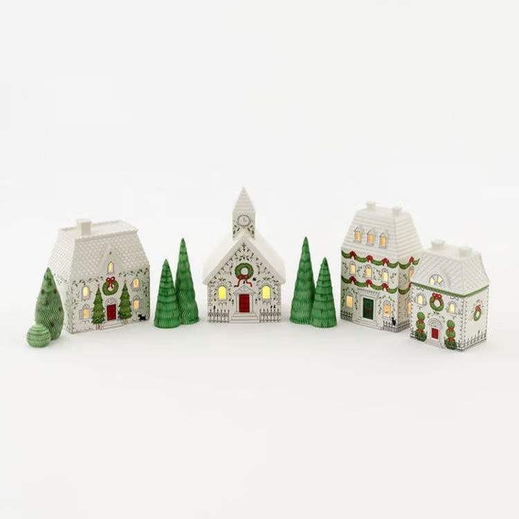 Holiday Houses & Trees w/LED Lights (Set of 7)
