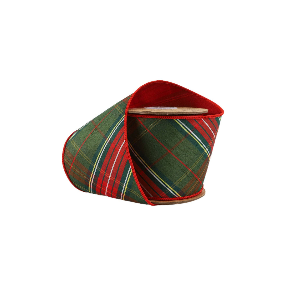 4" Wired Dupioni Ribbon | Red/Dark Green Plaid Bias Cut Double-Fused Red Backing | 5 Yds