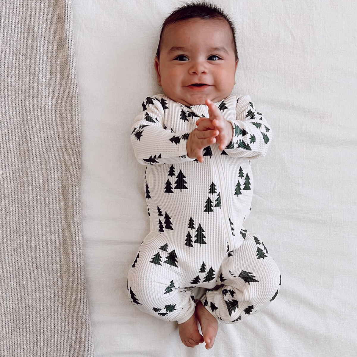 Organic Waffle Basic Zip Romper, Forest Green Trees