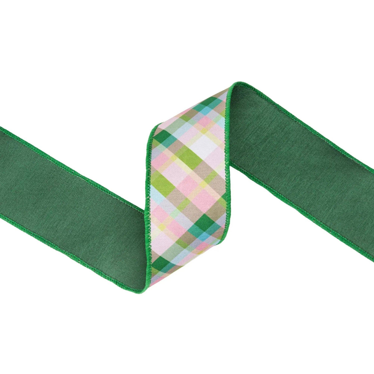 2 1/2" Wired Dupioni Ribbon | Pink And Green Bias Plaid W/ | Green Backing | 10 Yard Roll