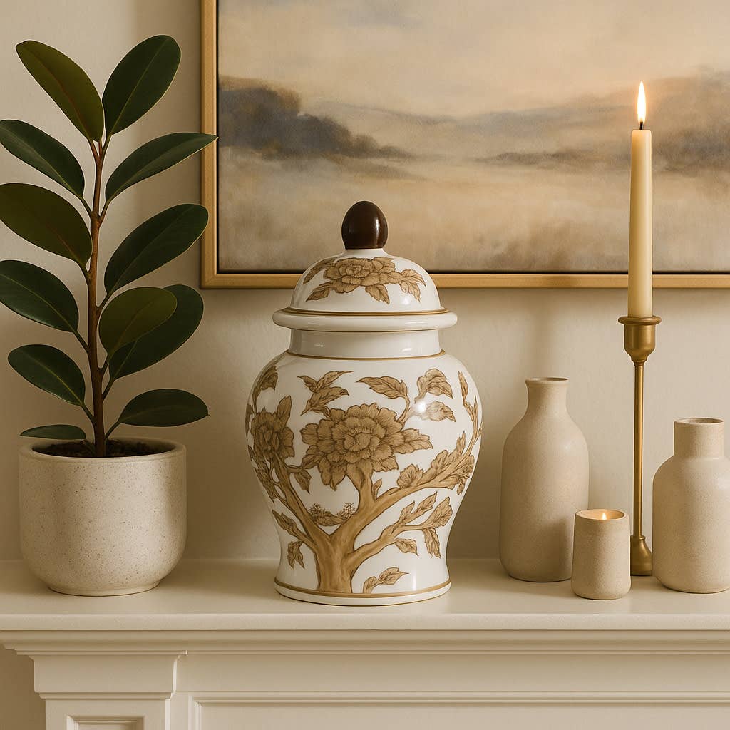 Brown & White Ceramic Tall Vessel with Lid, 8 in.