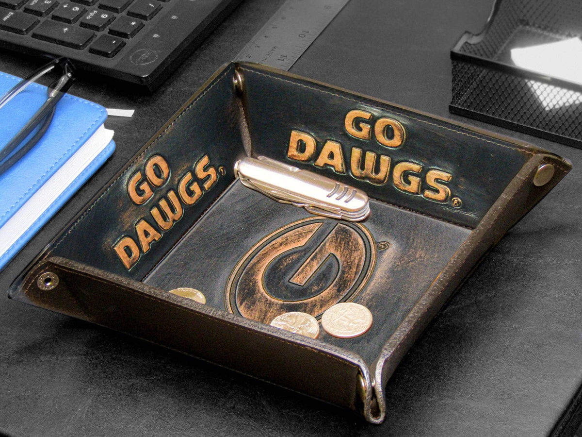 Georgia Bulldogs Men's Collegiate Valet Tray, Catch-all, Desk Organizer, Nightstand Tray. Brown Burnished Full Grain Leather Finish.