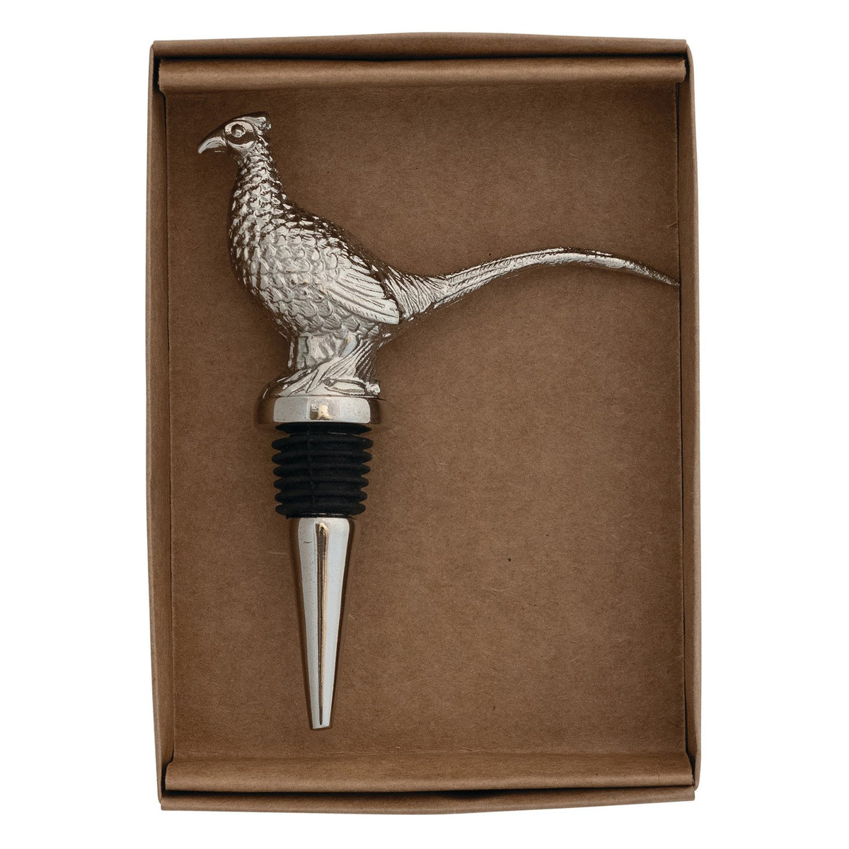Cast Aluminum Pheasant Bottle Stopper in Kraft Box, Nickel Finish