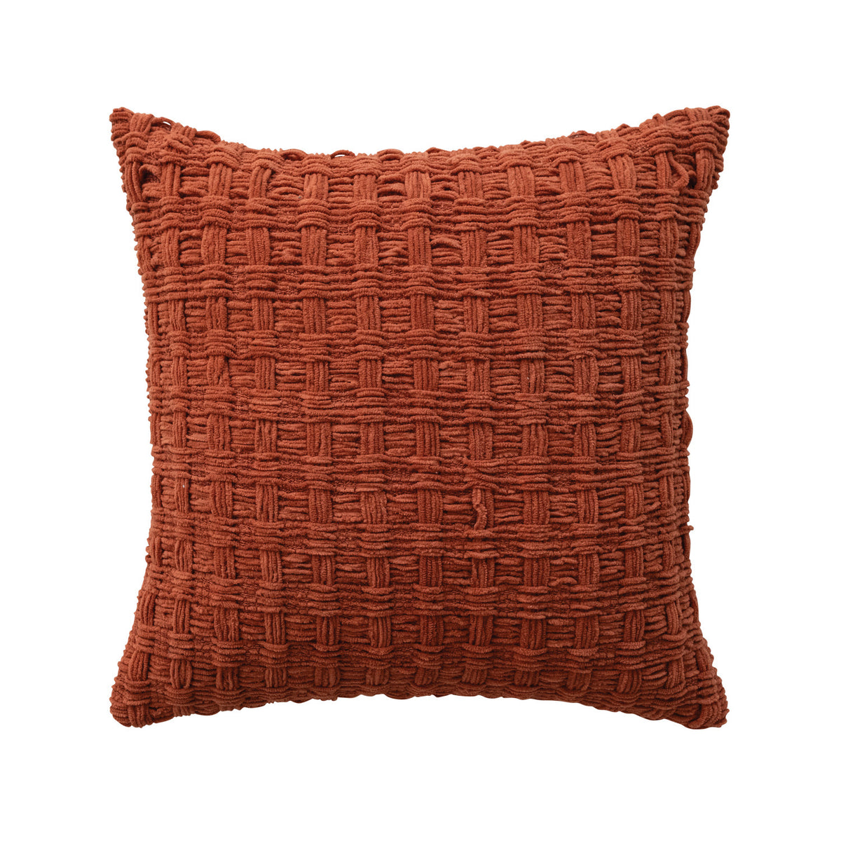 Woven Fabric Chenille Waffle Weave Pillow with Cotton Back, Rust Color - 18"