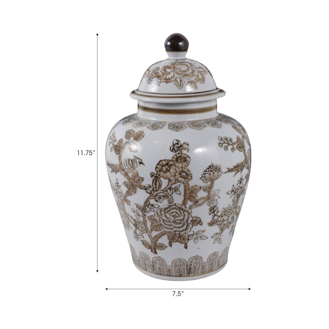 Brown/White Ceramic Chinoiserie Bird Vase, 12 in