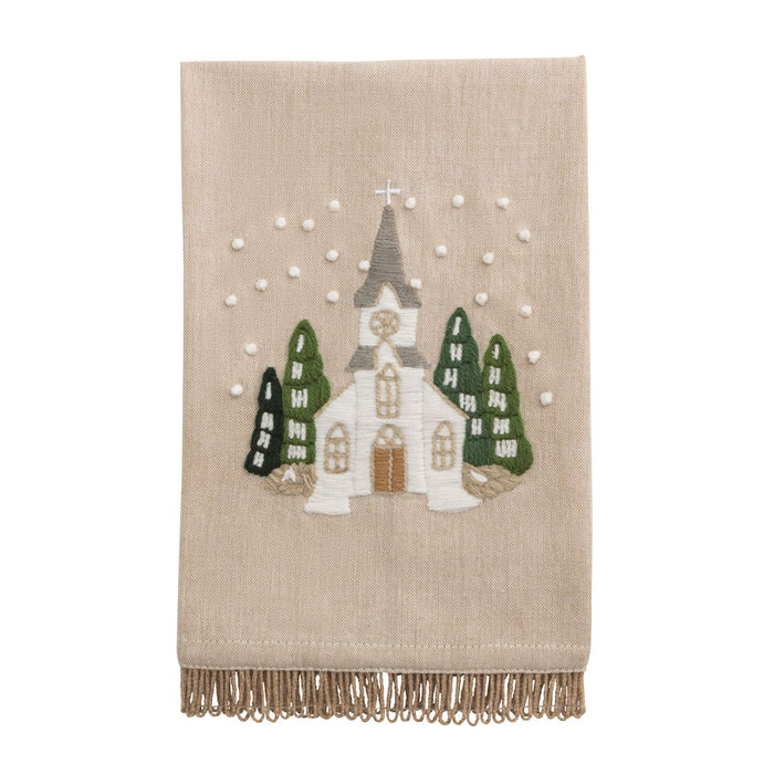 Church White Embroidered Tea Towel