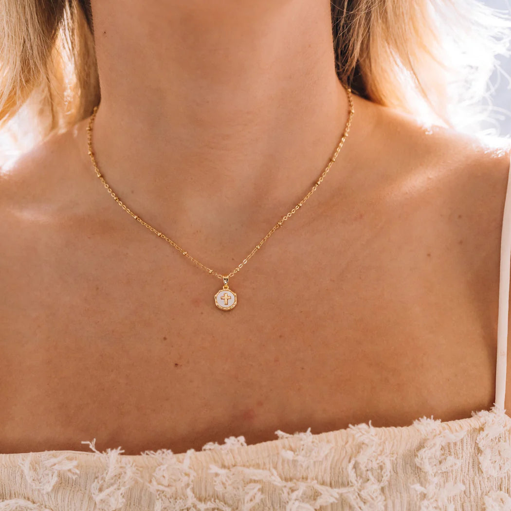 Timeless - Circle Pearl Cross Necklace