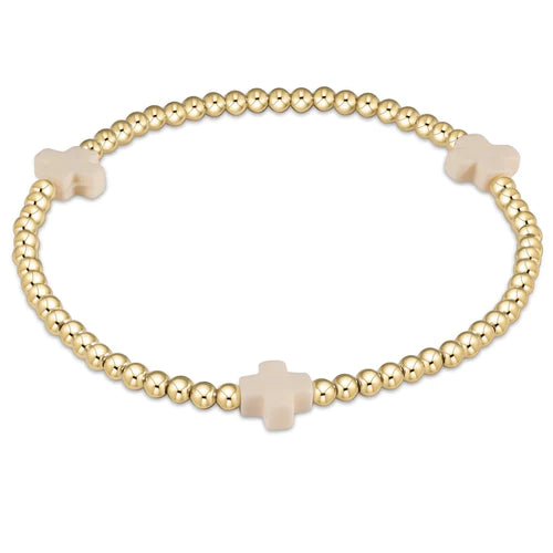 signature cross gold pattern 3mm bead bracelet - off white