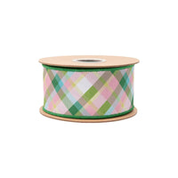 2 1/2" Wired Dupioni Ribbon | Pink And Green Bias Plaid W/ | Green Backing | 10 Yard Roll