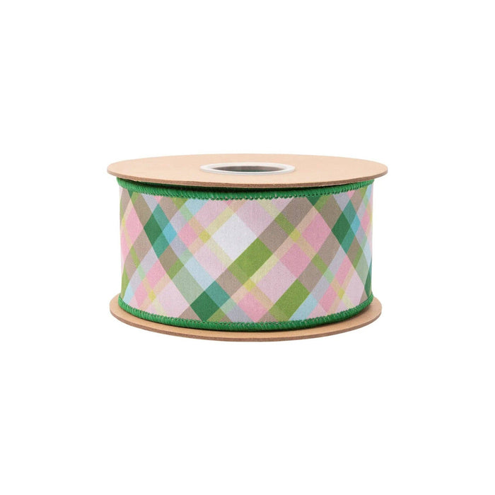 2 1/2" Wired Dupioni Ribbon | Pink And Green Bias Plaid W/ | Green Backing | 10 Yard Roll