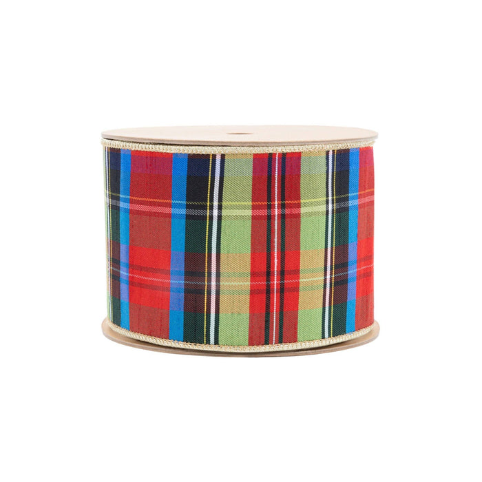 4" Wired Ribbon | Black/Lime/Red/Royal Plaid w/ Gold Backing | 10 Yds
