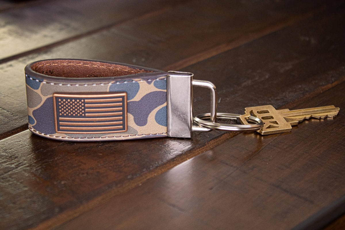USA Flag Old School Camo Leather Loop Keychain.