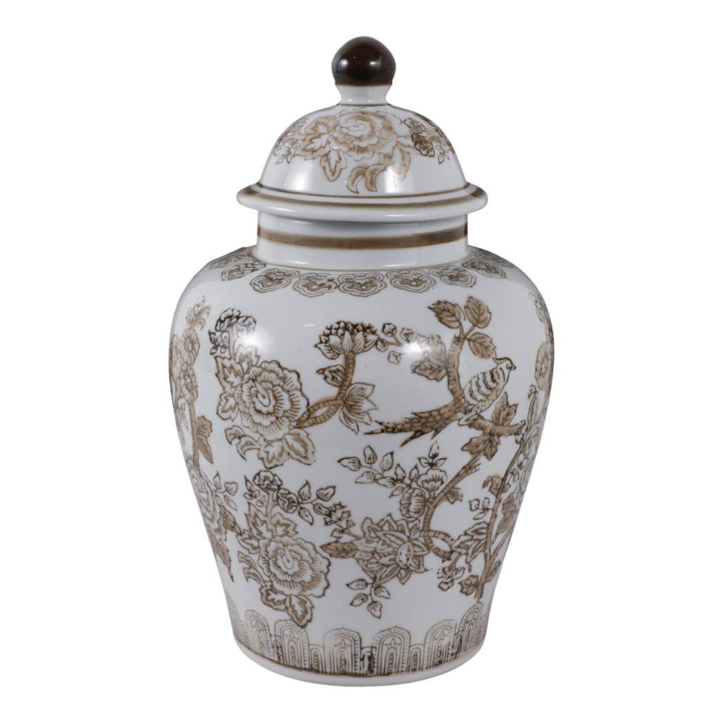 Brown/White Ceramic Chinoiserie Bird Vase, 12 in