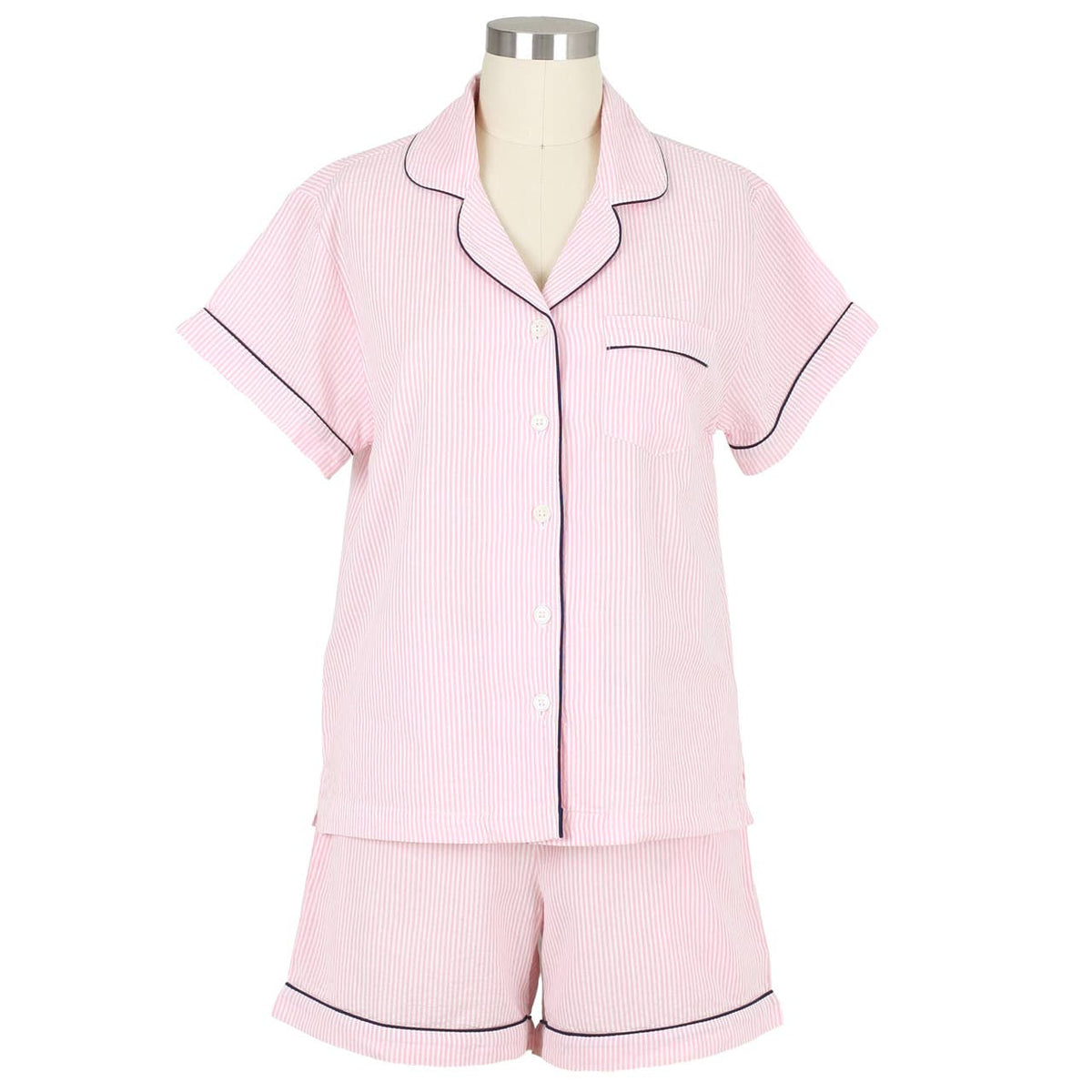 Pink Seersucker-Navy Short Sleeve Shorty Pajamas