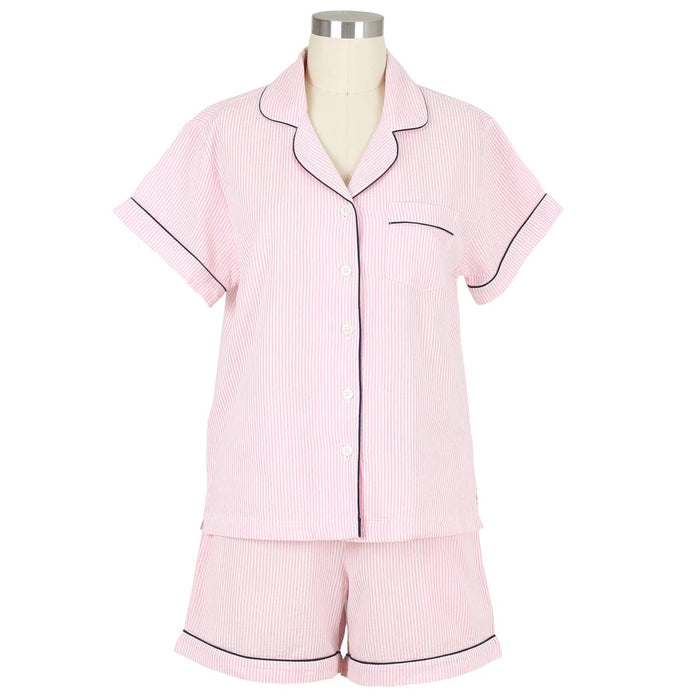 Pink Seersucker-Navy Short Sleeve Shorty Pajamas