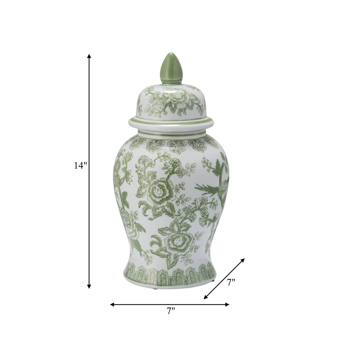 Green/White Floral Round Chinoiserie Vase, 14 in