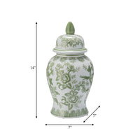 Green/White Floral Round Chinoiserie Vase, 14 in