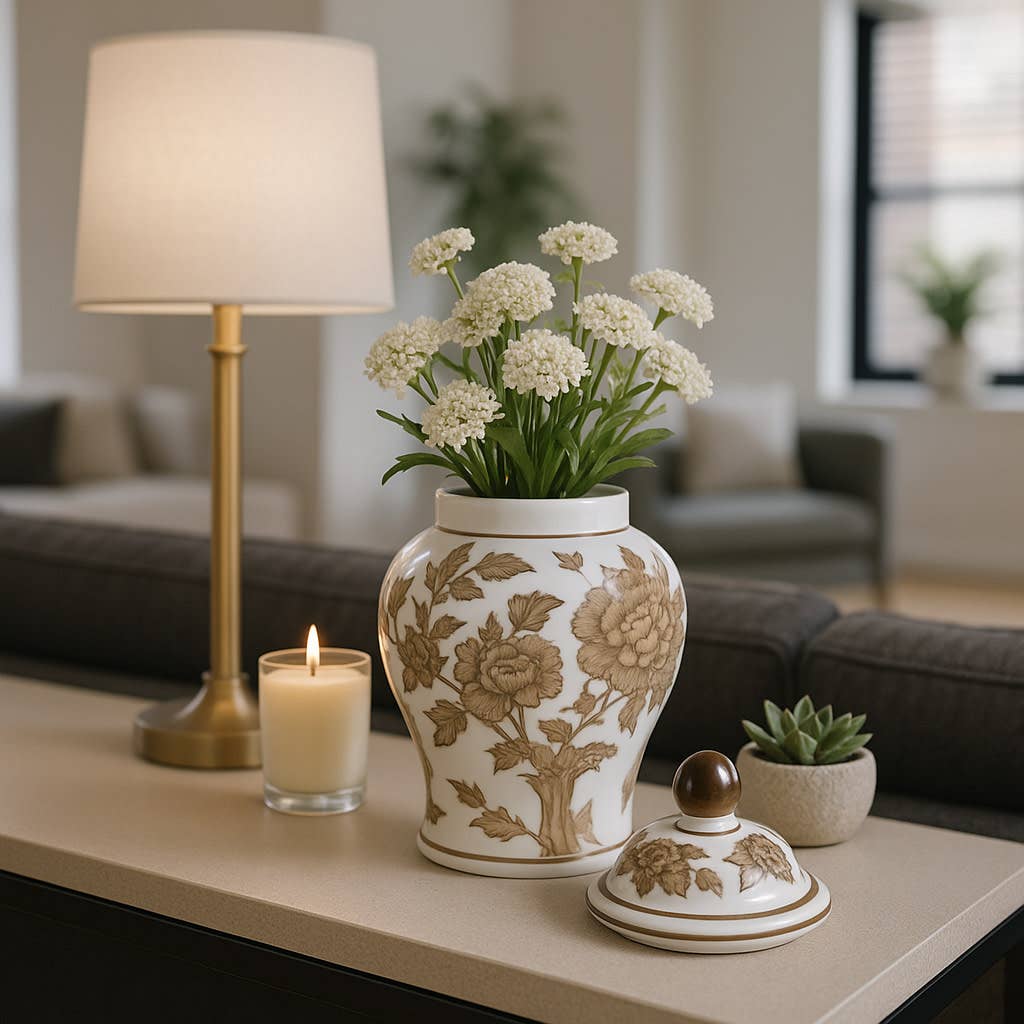 Brown & White Ceramic Tall Vessel with Lid, 8 in.