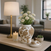 Brown & White Ceramic Tall Vessel with Lid, 8 in.
