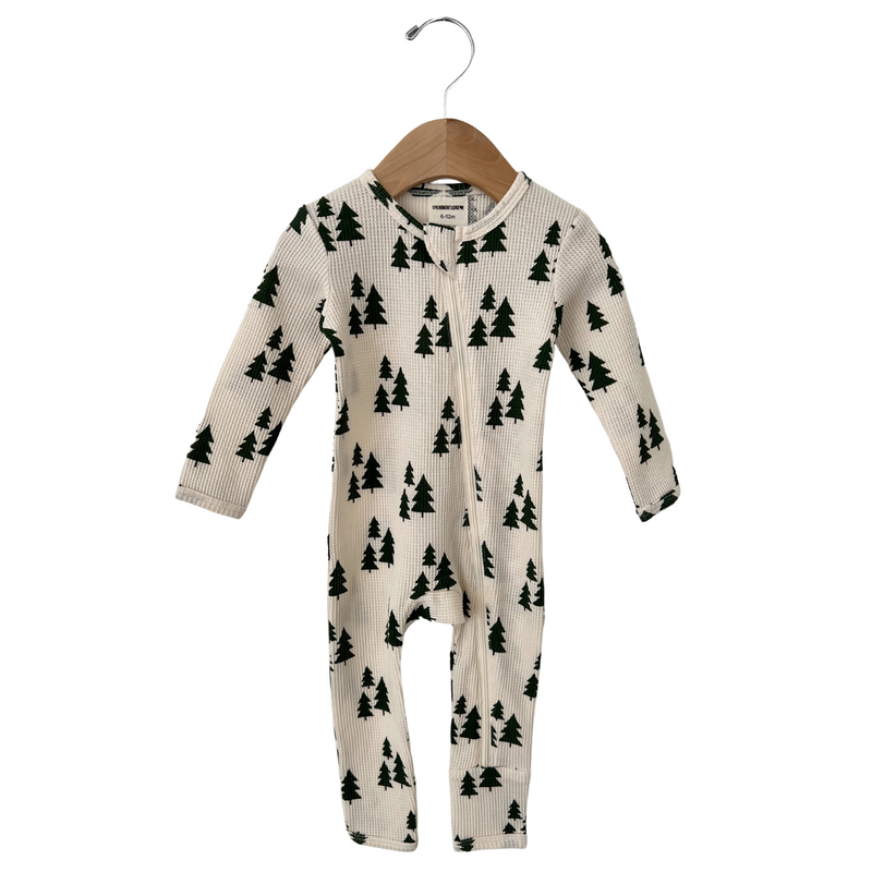 Organic Waffle Basic Zip Romper, Forest Green Trees