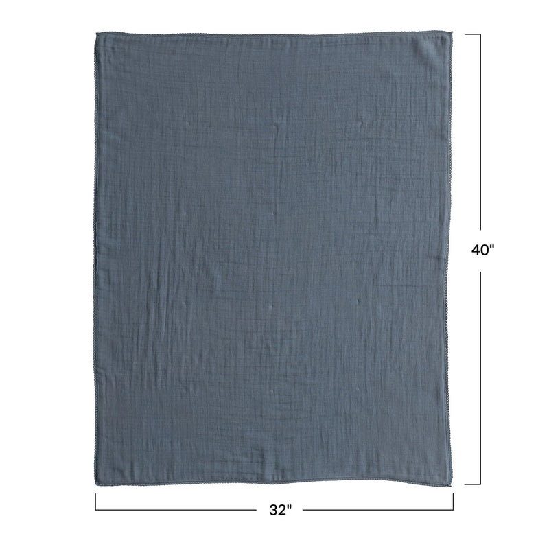 Cotton Double Cloth Baby Blanket w/ Trim - Blue