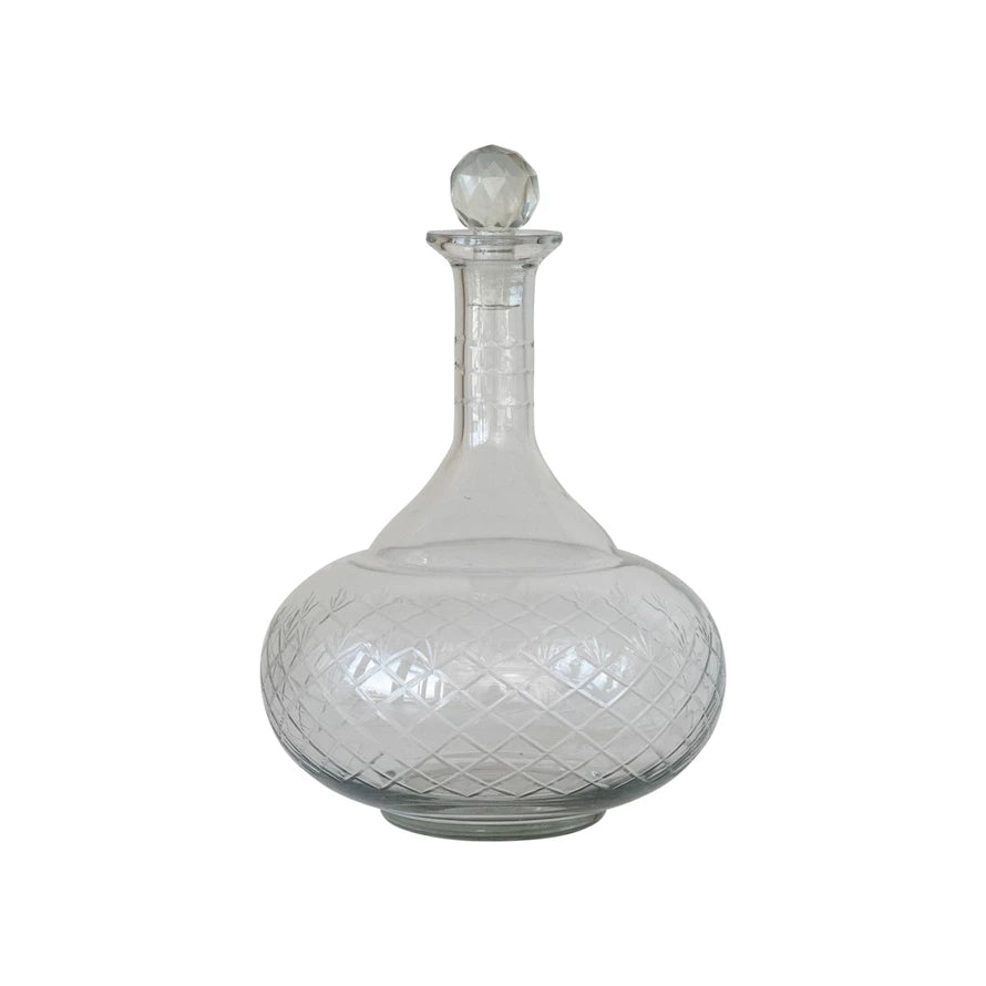 Recycled Etched Glass Decanter w/ Glass Stopper