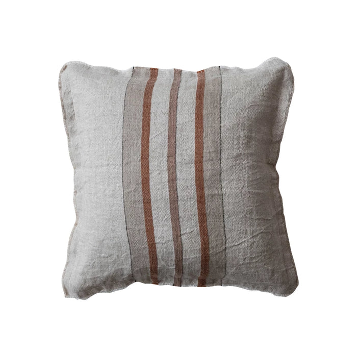 Square Woven Linen Pillow w/ Stripes, Cotton Slub Back & Fringe - 20x20