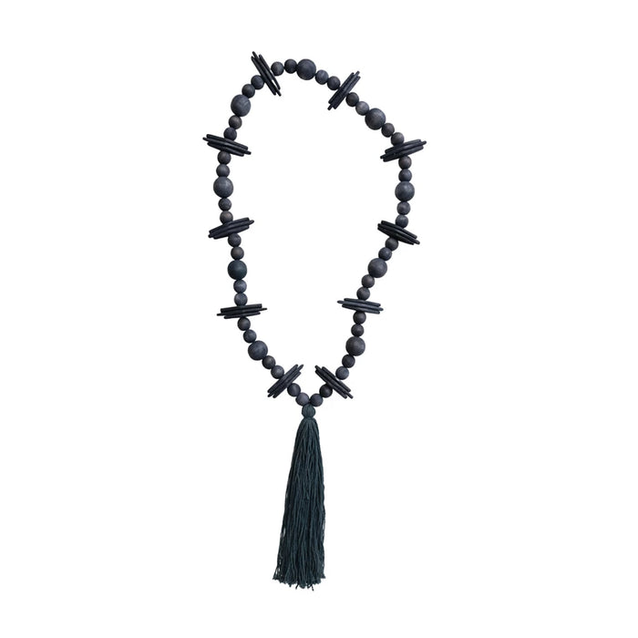 Oak Wood Beads w/ Cotton Tassel, Black - 36"