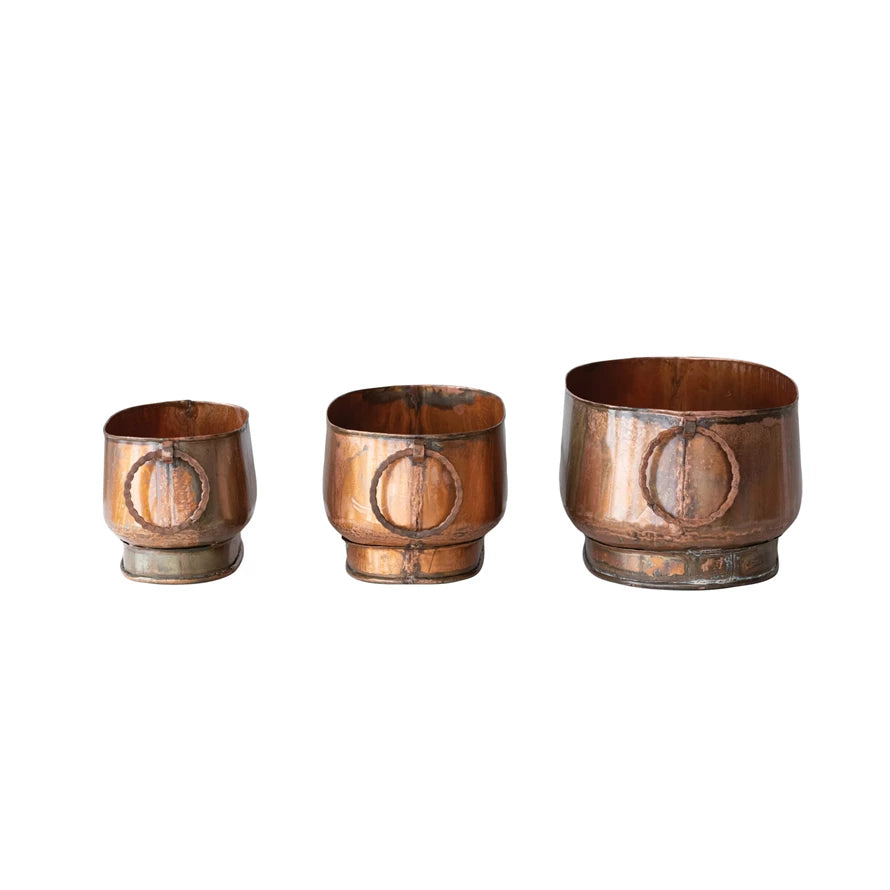Oval Metal Planters w/Ring Handle - Copper Finish